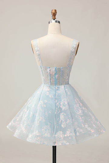 Sparkly Light Blue A Line Spaghetti Straps Corset Short Prom Dress